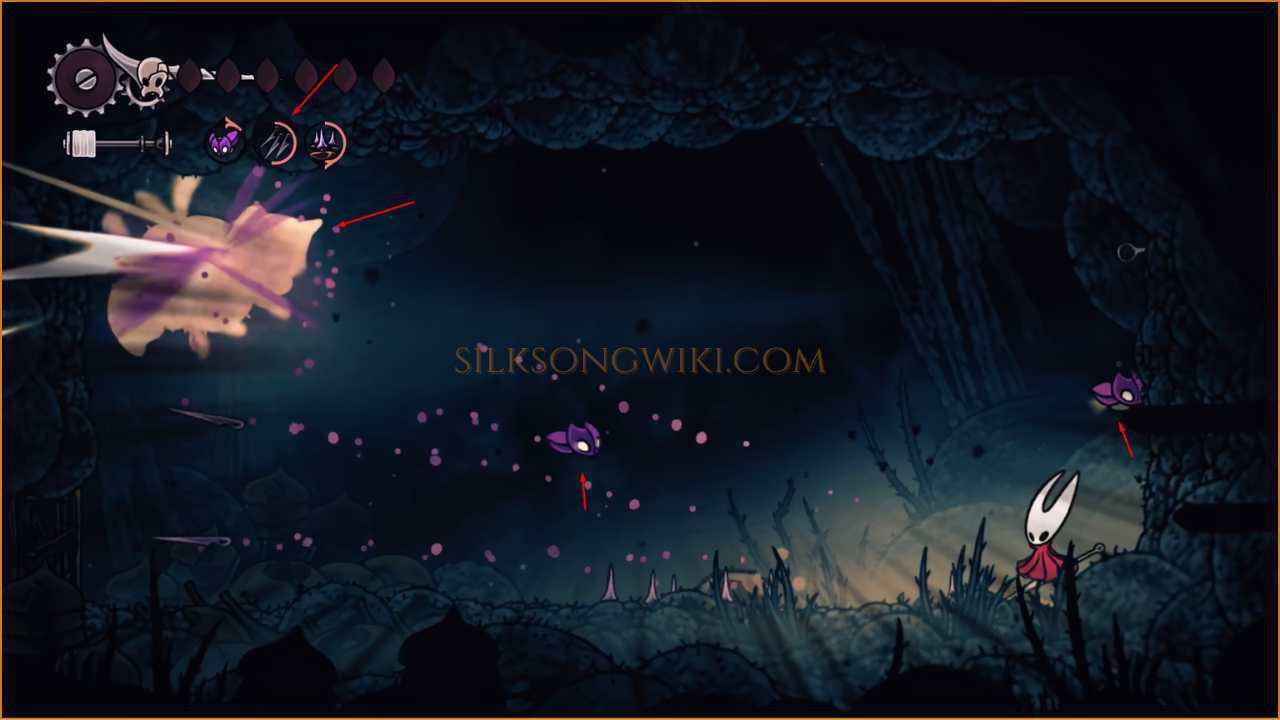 Hornet uses the Broodmother cheese strategy, safely attacking with Cogflies and the Threefold Pin from the far side of the arena.