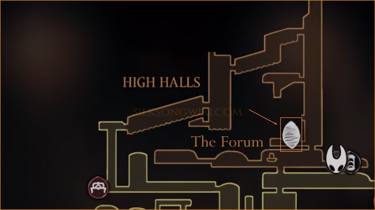 Map of High Halls in the Citadel, showing the route from the Ventrica Station to the hidden puzzle room entrance.