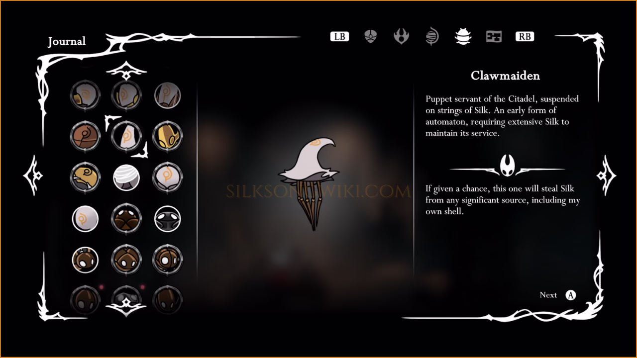 The Hunter's Journal entry for the Clawmaiden in Hollow Knight: Silksong, showing the enemy's illustration and description.