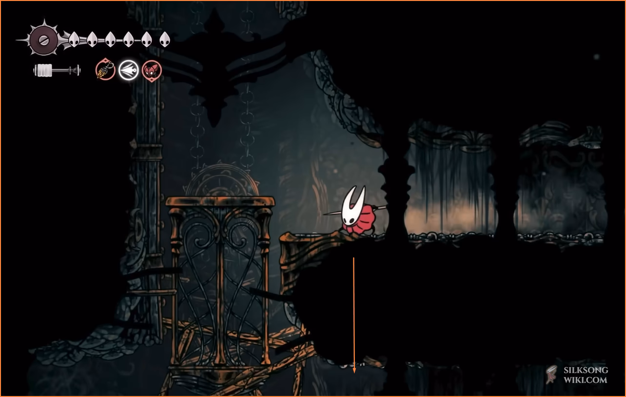Hornet standing at the crossroads, with the path to the lower-left tunnel that leads to the elevator mechanism clearly visible.