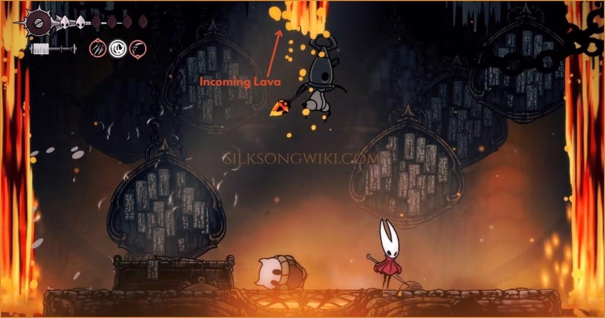 Lava pouring from the ceiling during the Forebrothers boss fight.