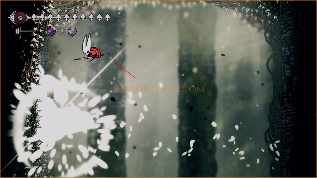 A screenshot capturing the moment Hornet double jumps from the safe wall to attack Nyleth mid-air.