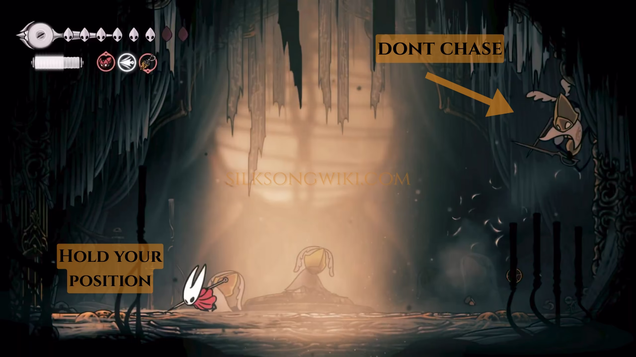 A strategic image showing the Sentinel on the wall during Flying Retreat, while Hornet holds a safe position in the center of the arena.