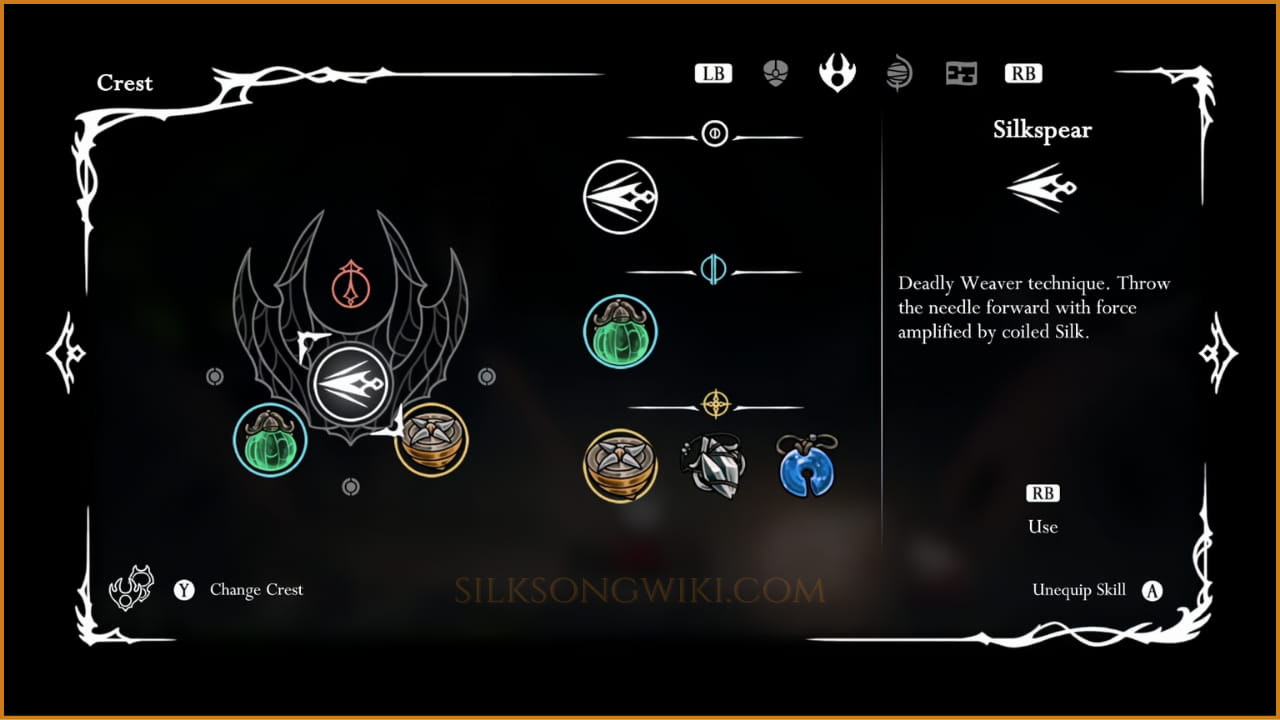 Screenshot of the Crests selection menu at a bench in Silksong.