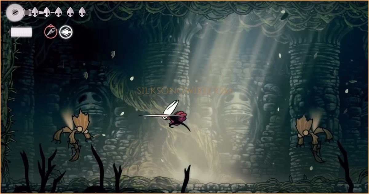 Hornet using an upward slash to defeat a summoned Splinterbark enemy, the top priority in the Sister Splinter boss fight.