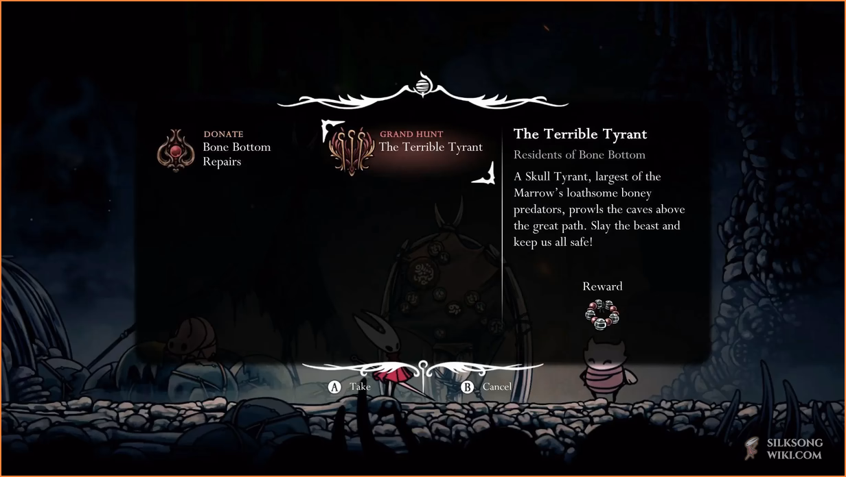 The Terrible Tyrant quest visible on the Wishwall quest board in Bone Bottom, showing players where to begin the Skull Tyrant hunt.