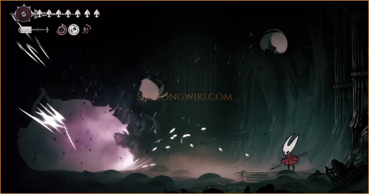 Hornet creates distance to safely dodge The Unravelled's projectile attack.