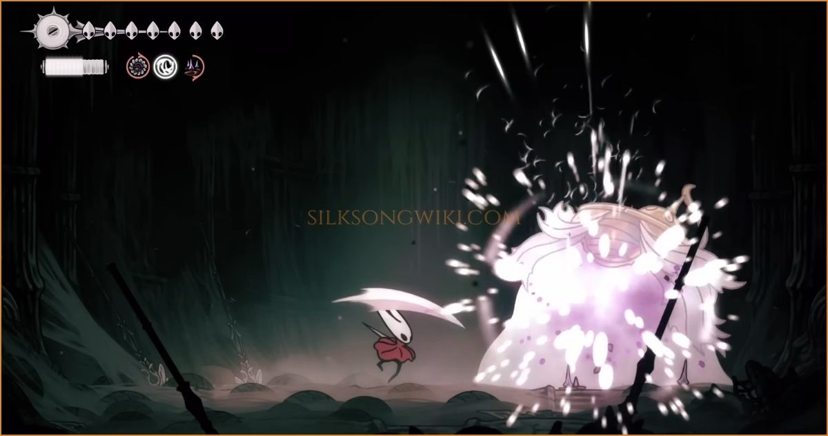 Hornet lands a hit on The Unravelled's back after jumping over its charge attack.