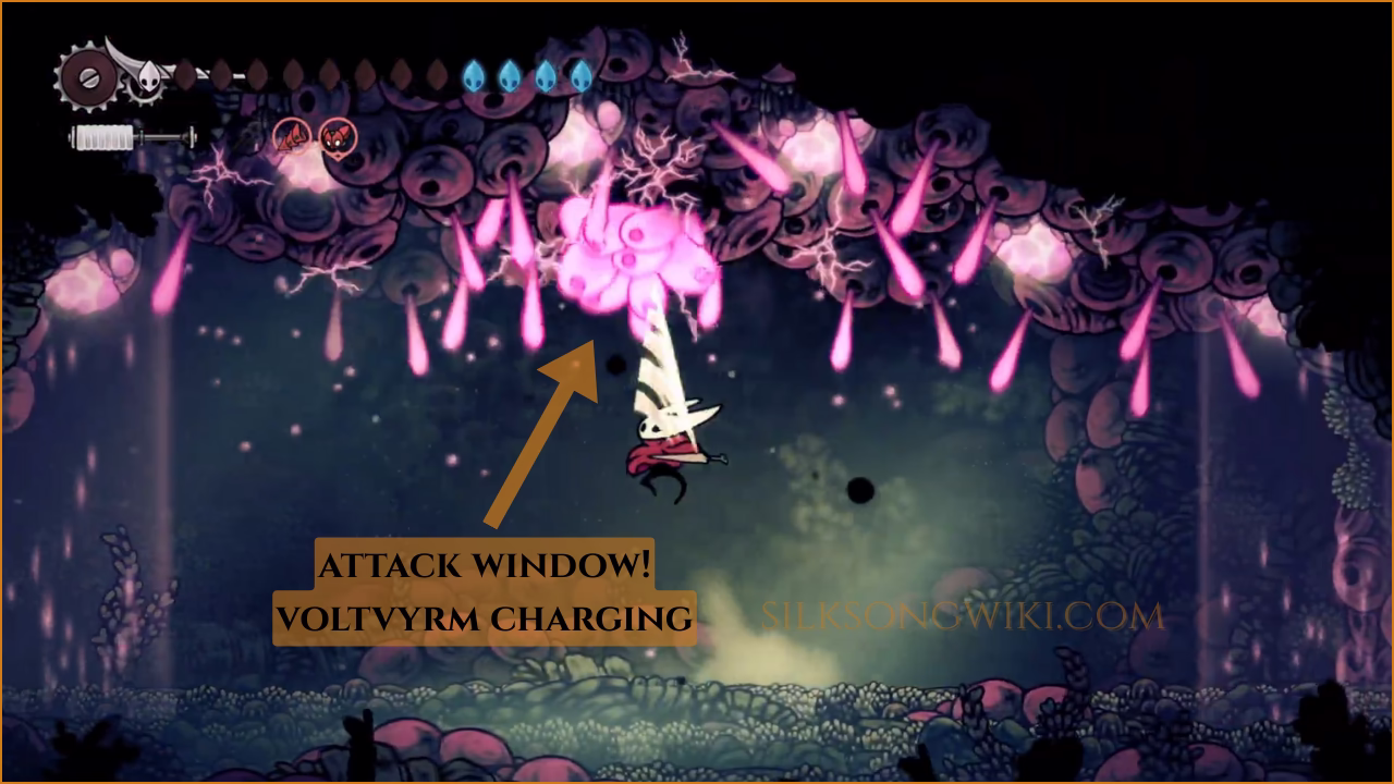 An image showing Hornet attacking the weak spot during its charge-up animation.