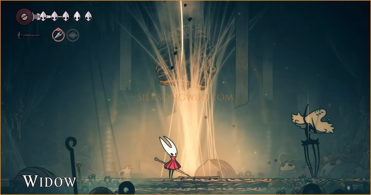 Widow is vulnerable while pulling on silk threads, creating the main opening to attack her in Hollow Knight: Silksong.