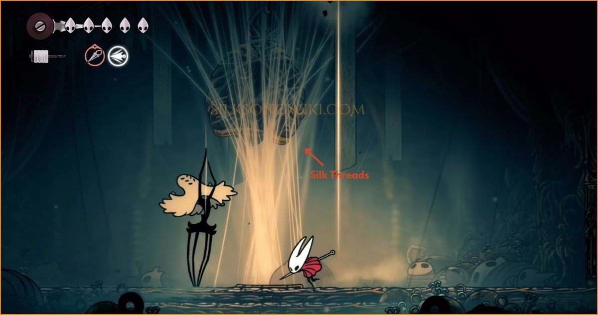 Golden silk threads appear on screen, telegraphing the exact locations where bells will drop in the Widow boss fight.