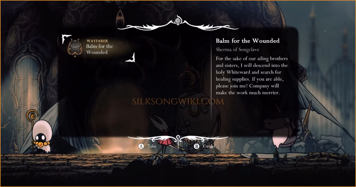 Hornet accepts the Balm for the Wounded wish from the Songclave wish board.