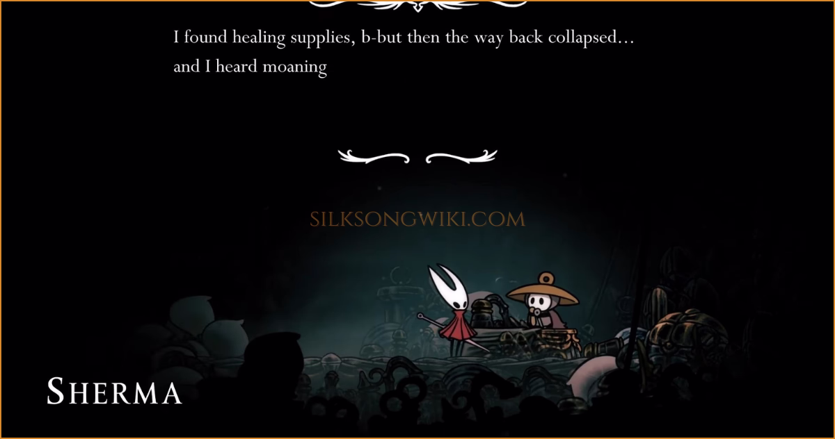 Hornet speaks with the lost pilgrim Sherma inside the hidden room.