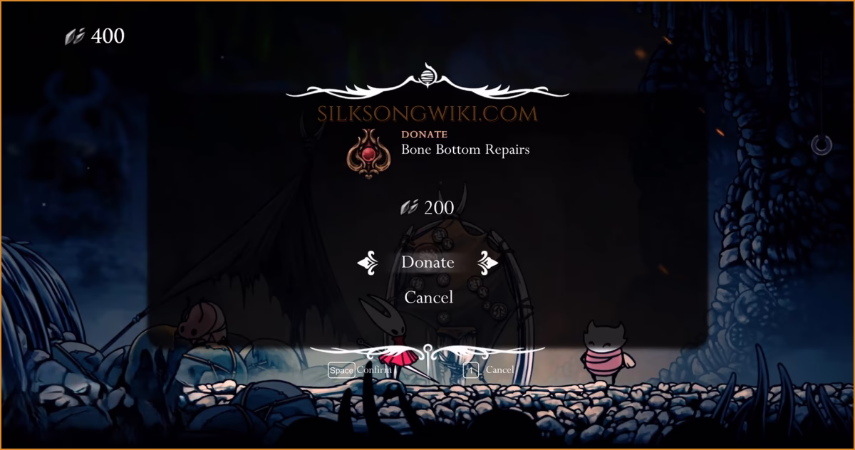 Hornet donating Shell Shards to complete the Bone Bottom Repairs wish.