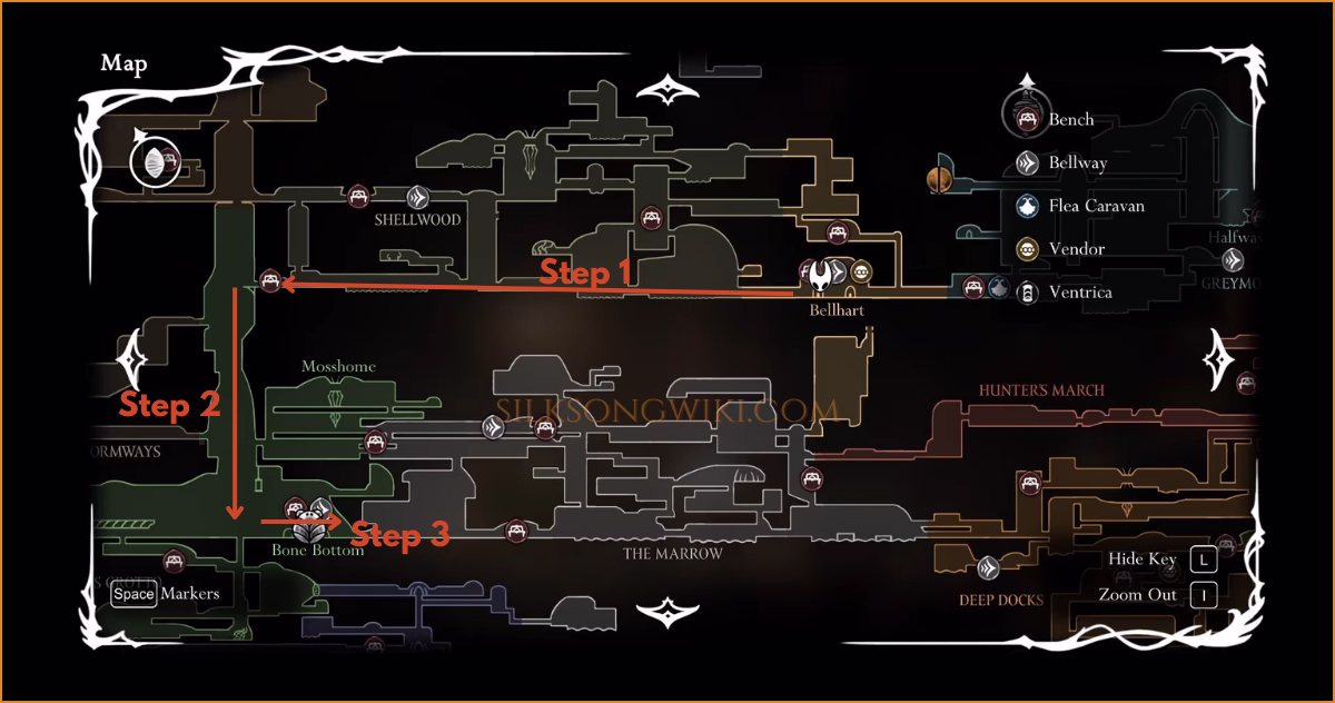 A map showing the three main stages of the delivery route: leaving Bellhart, crossing Shellwood, and descending into Bone Bottom.