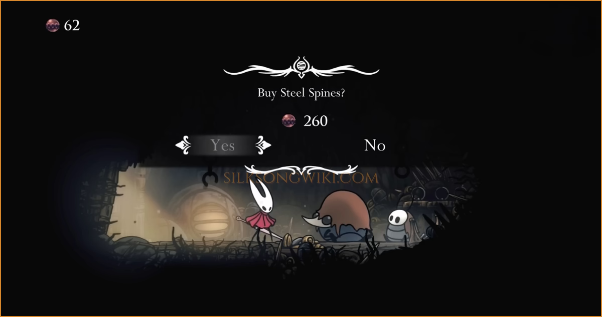 Hornet in the shop menu to buy the Steel Spines from the tinker NPCs for 260 Rosaries.