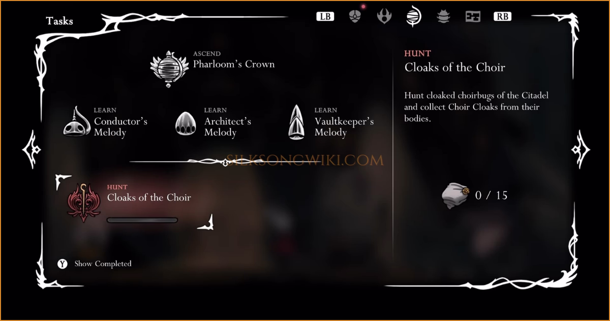 The quest details for Cloaks of the Choir shown in the player's menu.