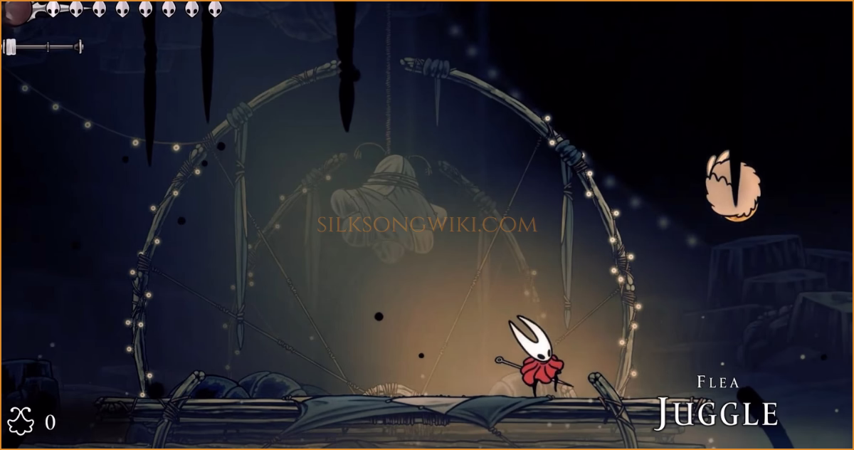 Hornet using her needle to juggle several fleas in the air in the Flea Juggler mini-game.
