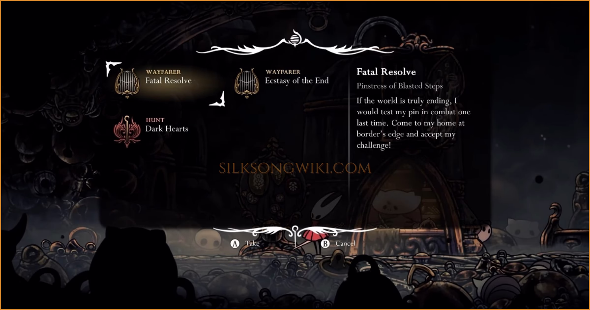 Hornet accepts the Fatal Resolve wish from the quest board in Bellhart.