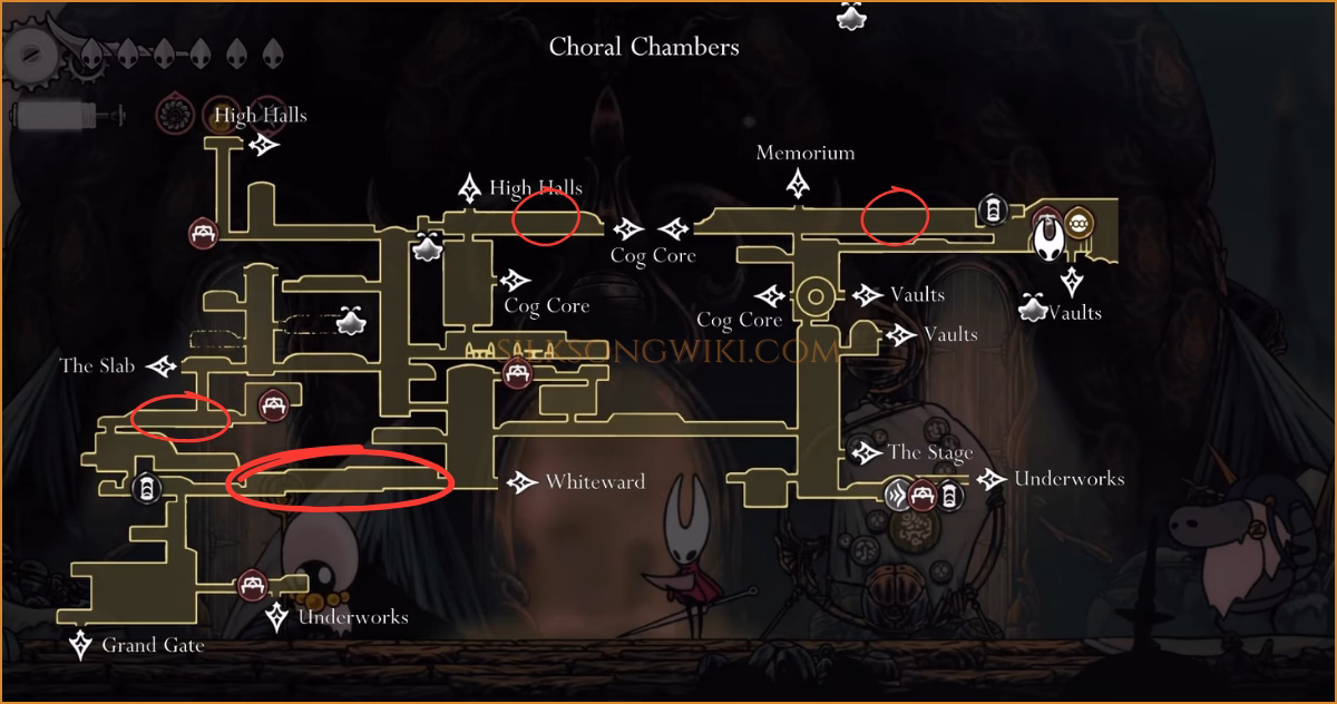 A map of the Choral Chambers showing potential spawn locations for the Second Sentinel.