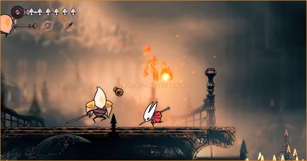 Hornet fighting a Choristor to get a Fine Pin to drop.
