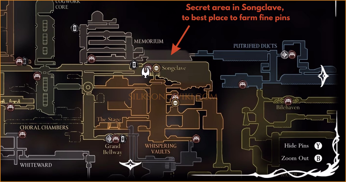 A map showing the secret and most efficient farming location for Fine Pins near the Grand Bellway.