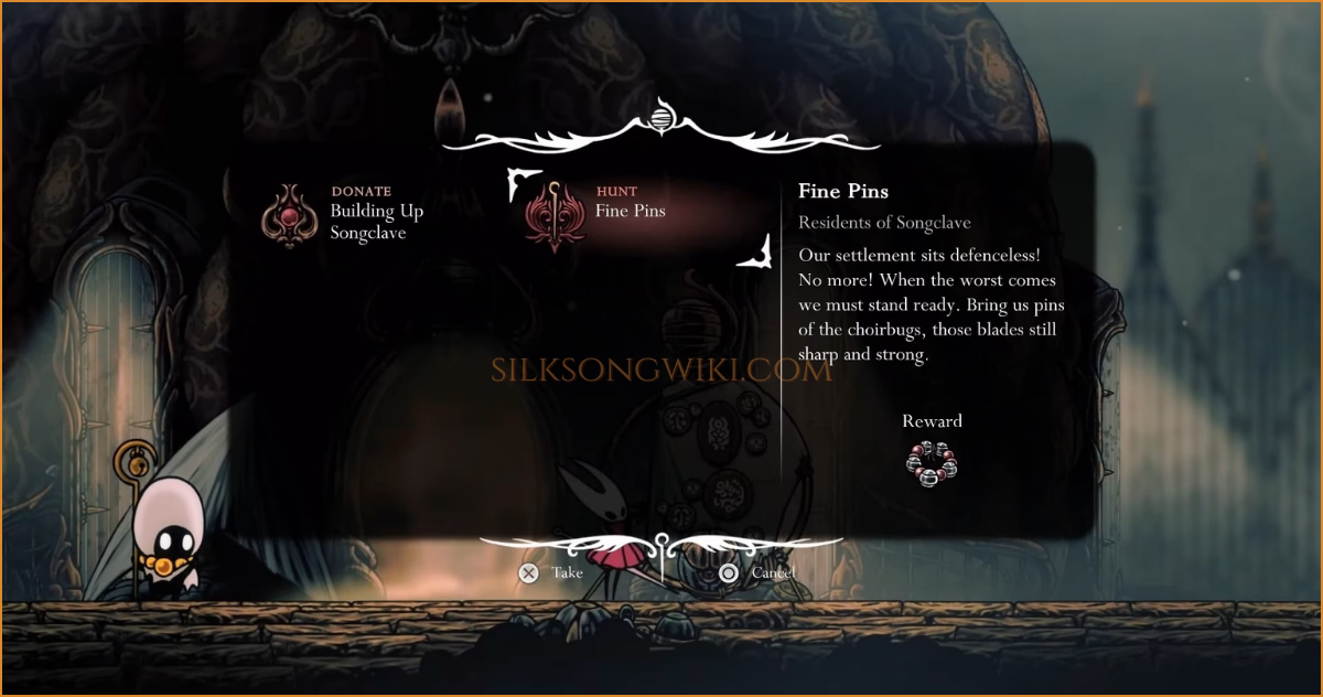 The quest details for Fine Pins shown in the player's menu.