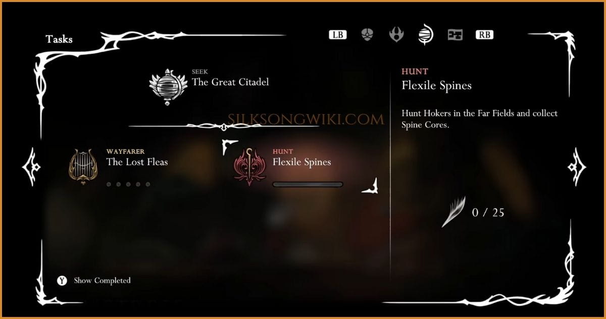 The in-game quest log showing the Hunt objective: 'Flexile Spines - Hunt Hokers in the Far Fields and collect Spine Cores'.