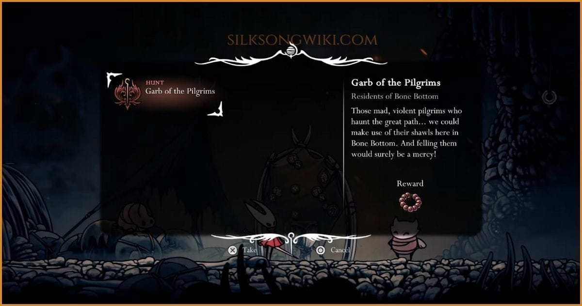 The quest acceptance screen for Garb of the Pilgrims at the Wishwell.