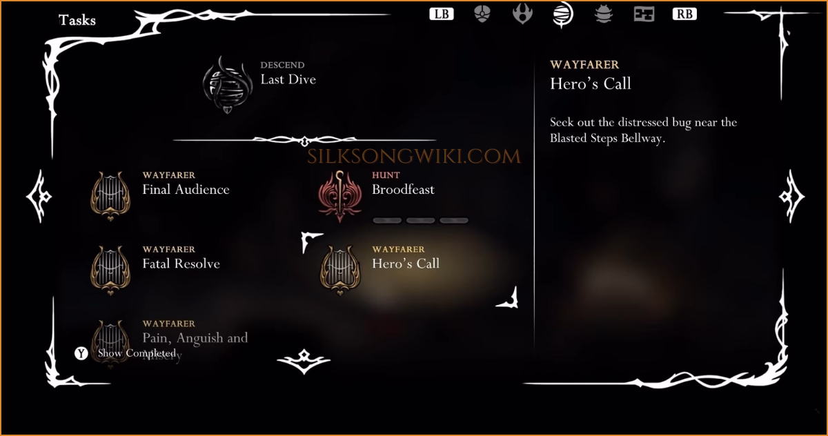 Hornet accepting the Hero's Call wish from the Bellhart Wishwall.