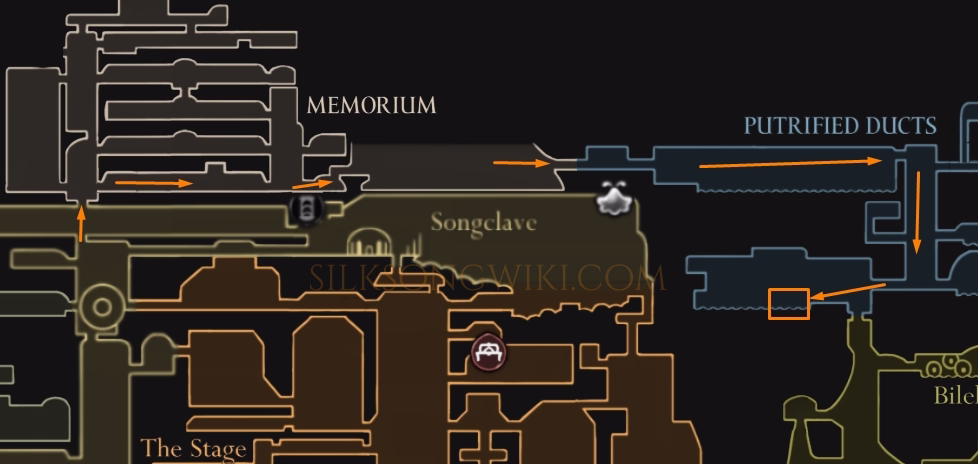 Map showing Huntress location in the Putrified Ducts for the Broodfeast quest in Hollow Knight Silksong