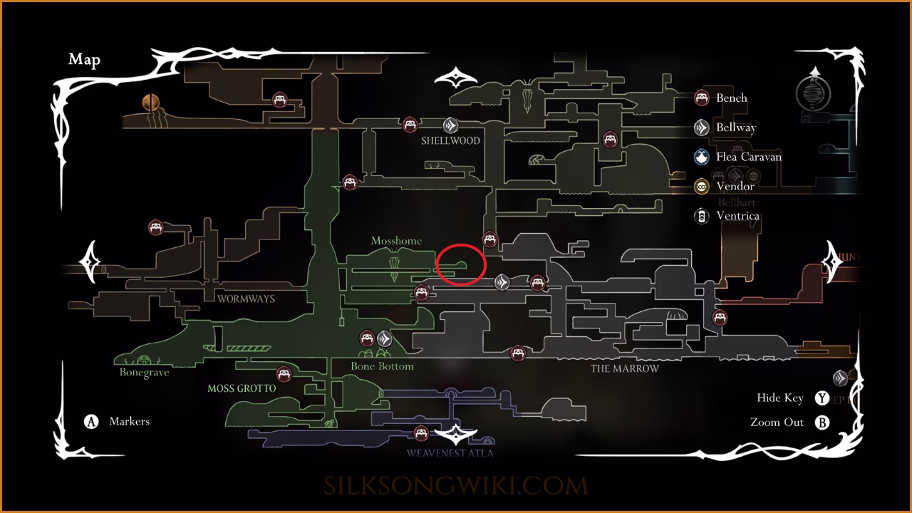 Map showing the location of the Moss Druid in Bone Bottom