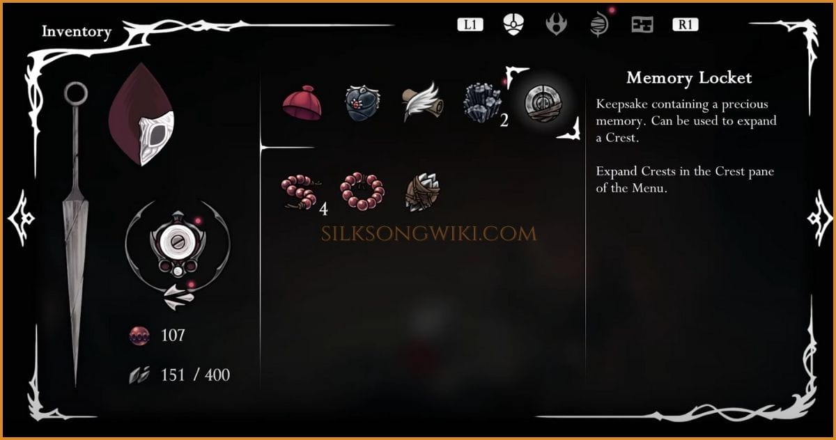 The Memory Locket item selected in the inventory screen.