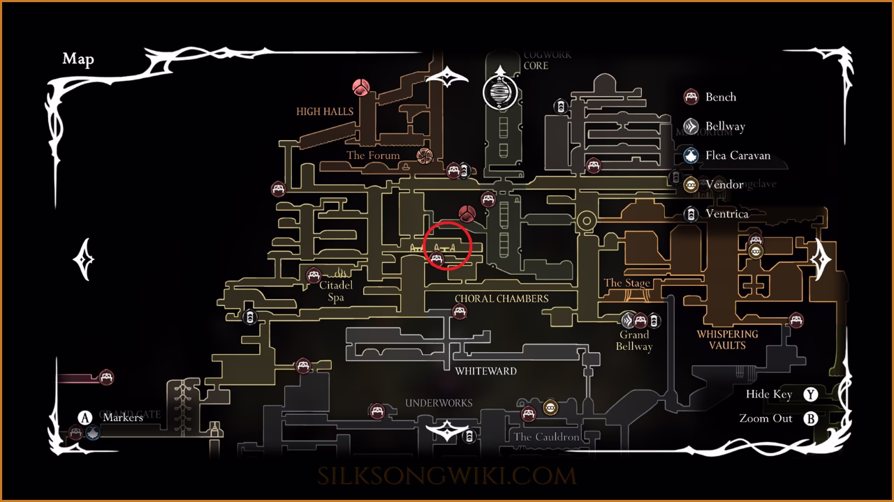 Map showing Mergwin location in the Citadel for Great Taste of Pharloom quest in Hollow Knight Silksong