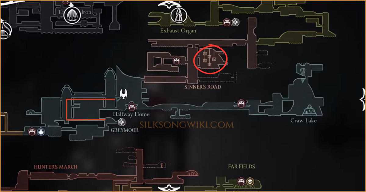 A map showing the location of Pill within the Sinner's Road area.