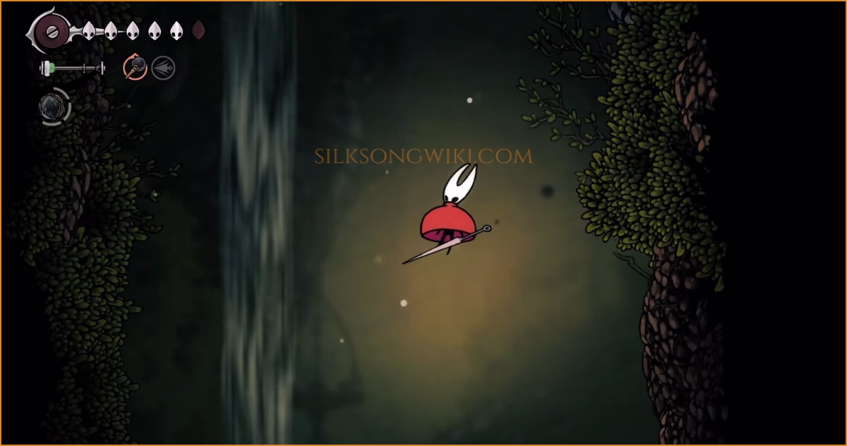 Hornet uses the Drifter's Cloak to safely glide down the large chasm into Far Fields.