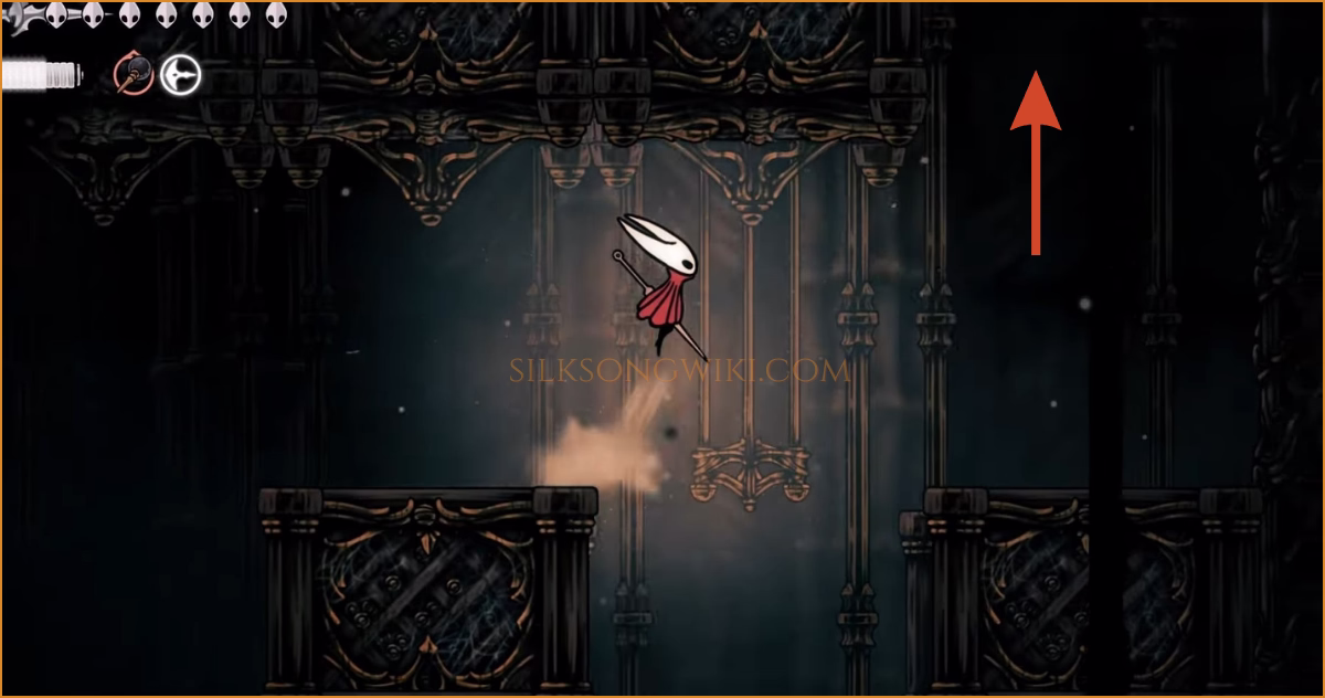 Hornet climbs up the right side of the room to continue the puzzle.