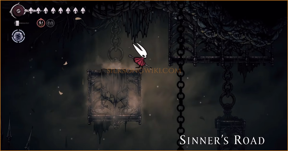 Hornet using platforms and balloons to reach the Sinner's Road entrance.