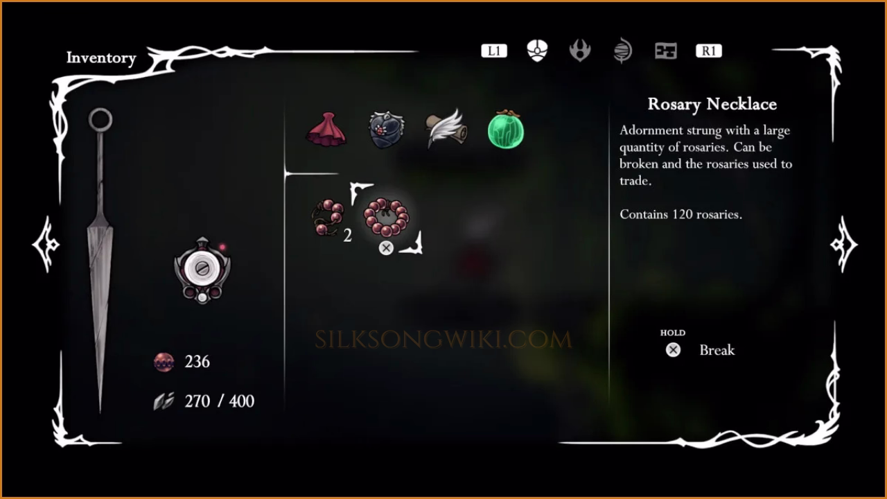 The Rosary Necklace item in Hollow Knight: Silksong.