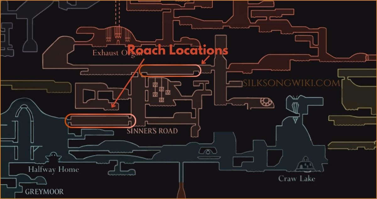 A map of Sinner's Road highlighting the best locations to find and farm Muckroaches for the Roach Guts quest.