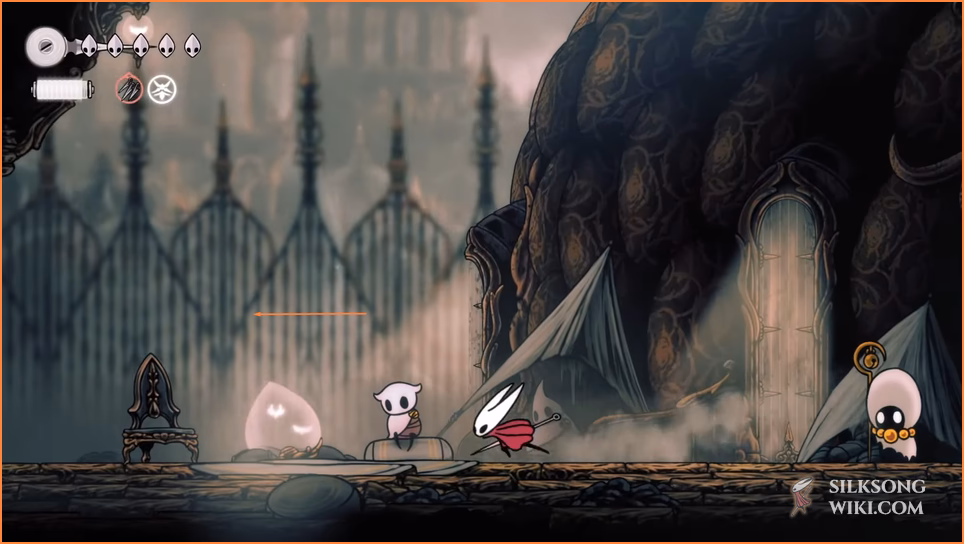 An in-game arrow pointing the way from Songclave towards the Coral Chambers to find Jubilana.