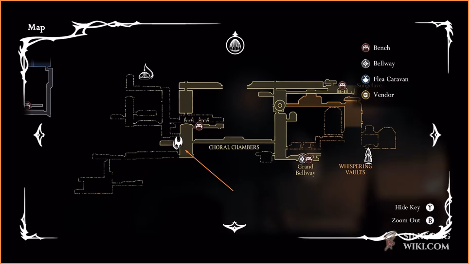 The in-game map showing the location of the hidden room in the Coral Chambers where Jubilana is found.