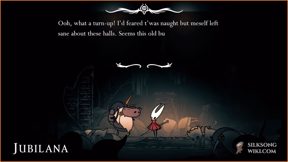 Jubilana emerges from hiding and speaks to Hornet after all enemies are defeated, completing The Wandering Merchant quest.