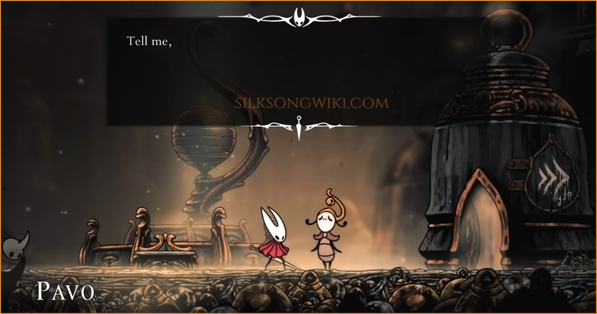Hornet talking to Pavo, a bell-wearing NPC in Bellhart, to get a clue for curing the Rite of Rebirth curse.