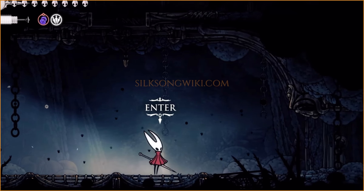 Hornet standing in front of a large crack in a wall, the entrance to the Broodmother's lair.