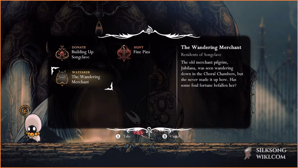 Accepting The Wandering Merchant Wayfarer Wish from the Songclave Wishwell in Hollow Knight: Silksong.