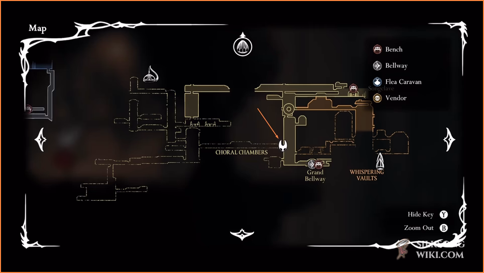 Map of the Coral Chambers in Silksong, highlighting the precise location of the first clue to track Jubilana.