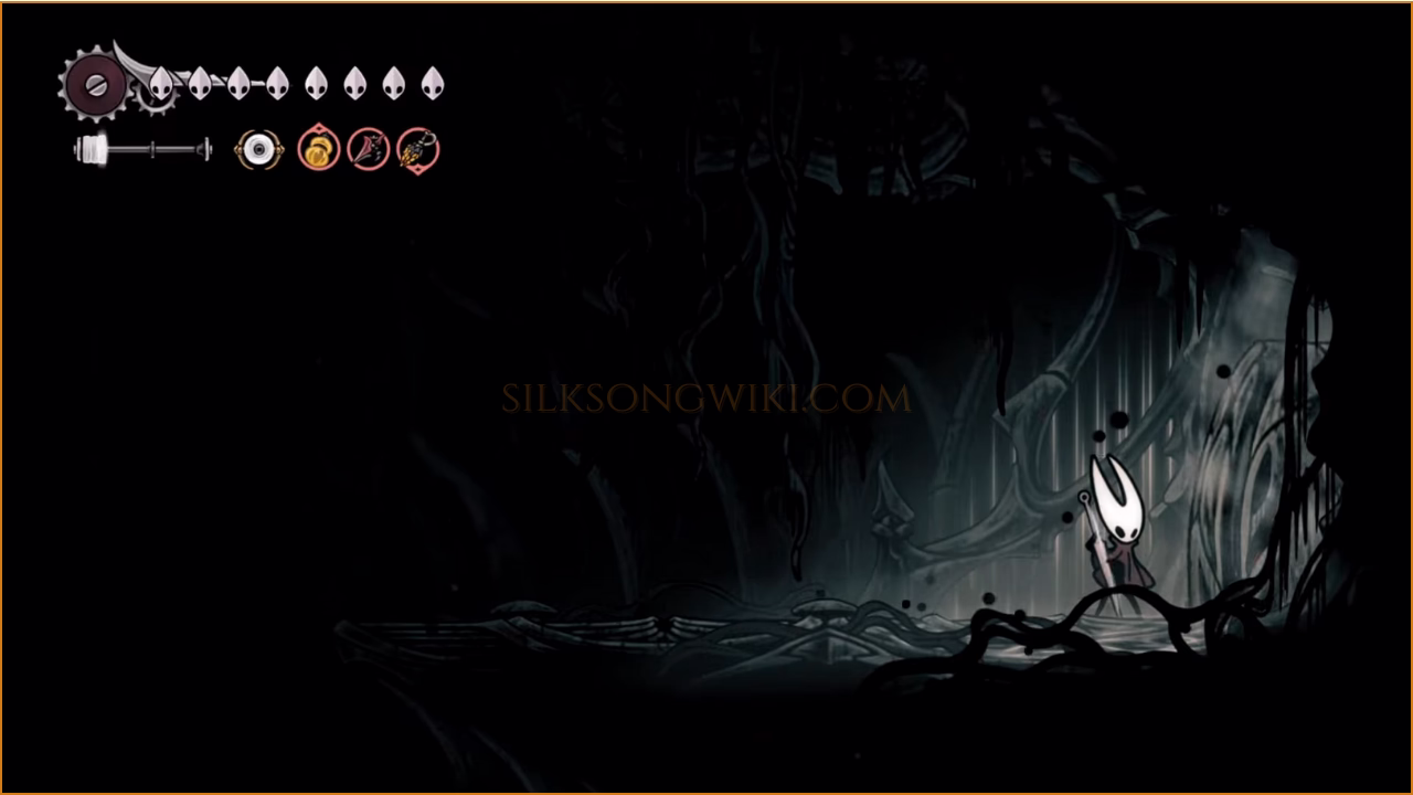 Hornet standing at the entrance of the dark and foreboding Abyss.
