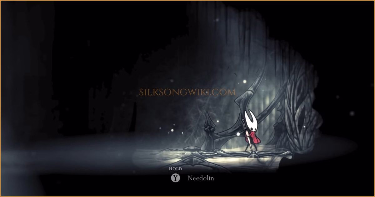Hornet playing the Needolin, which creates a large musical area-of-effect (AoE) attack, while the UI shows the Silk meter decreasing.