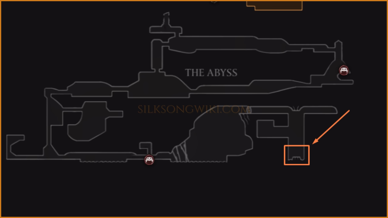 Map showing the location of the Silk Soar altar in the bottom right corner of the Abyss region.